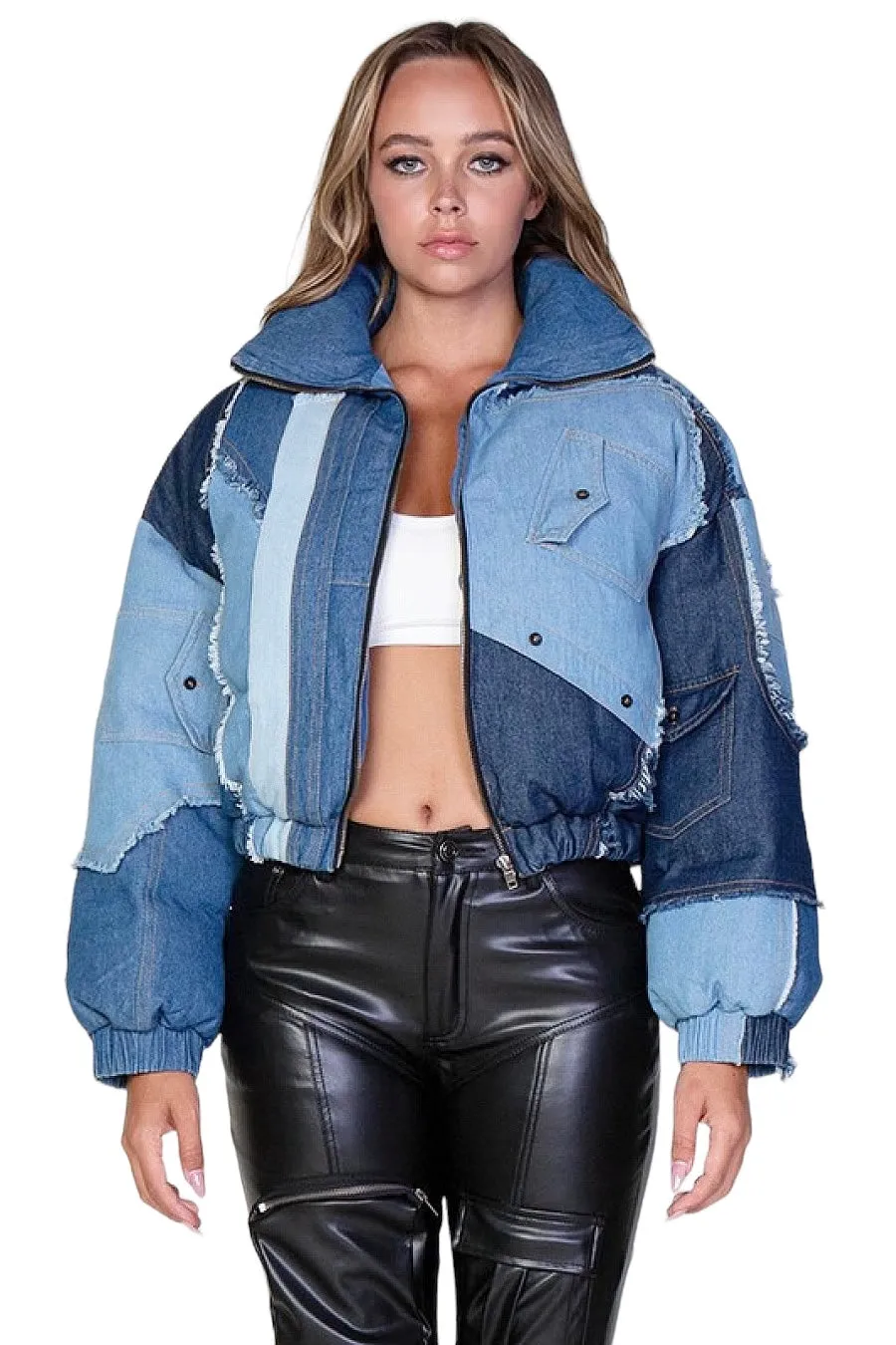 Denim Patch Cropped Puffer Jacket