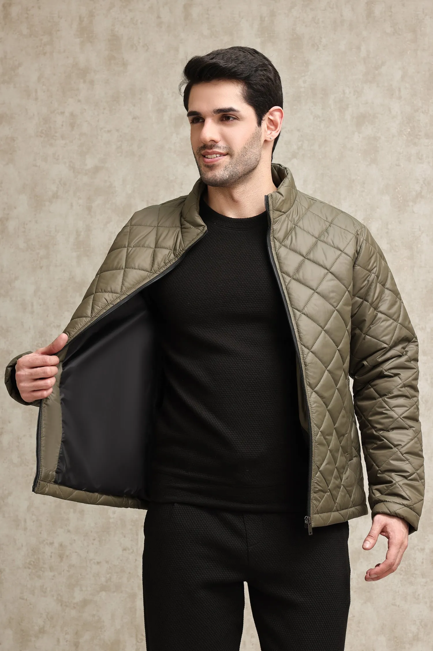 DIAMOND-STITCH INSULATED PUFFER JACKET-ARMY