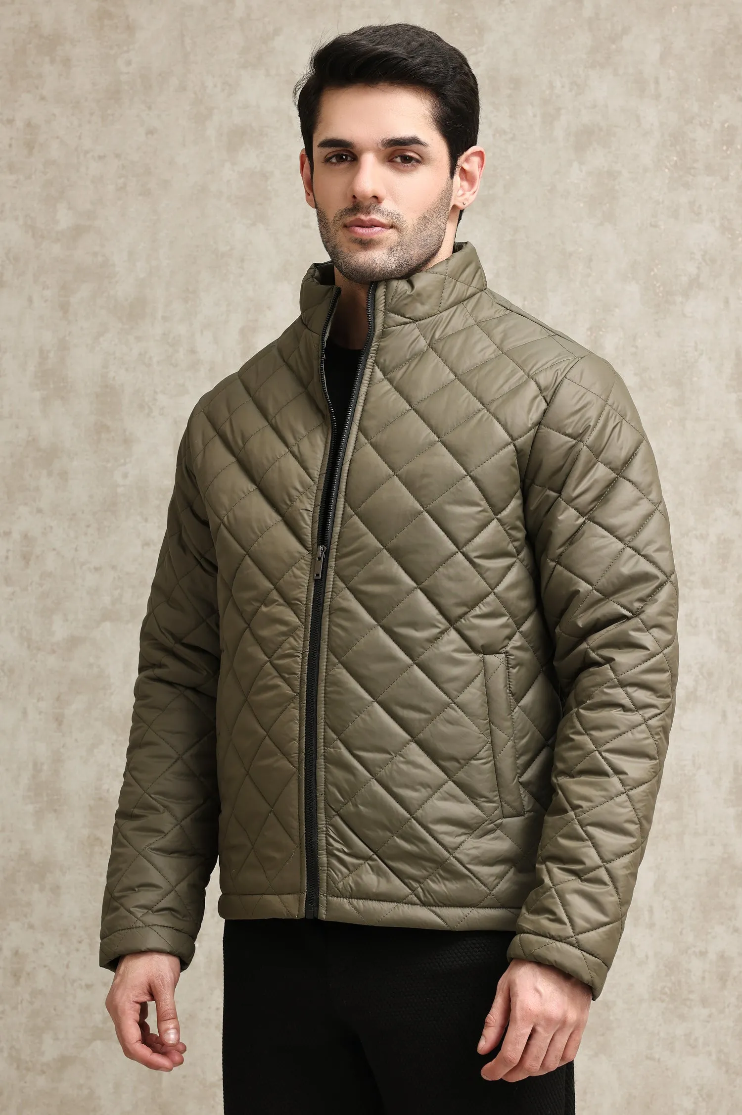 DIAMOND-STITCH INSULATED PUFFER JACKET-ARMY