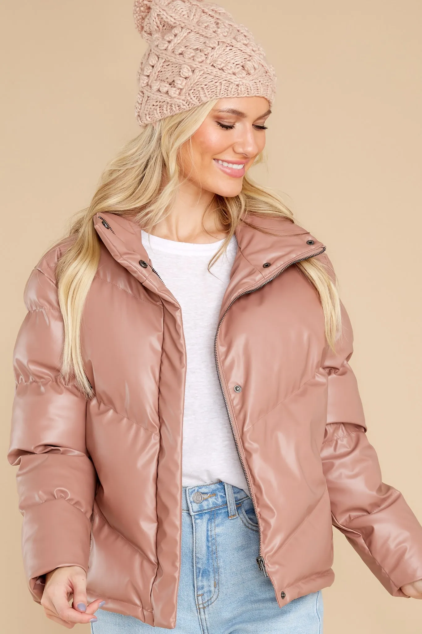 Downtown Rose Taupe Faux Leather Puffer Jacket