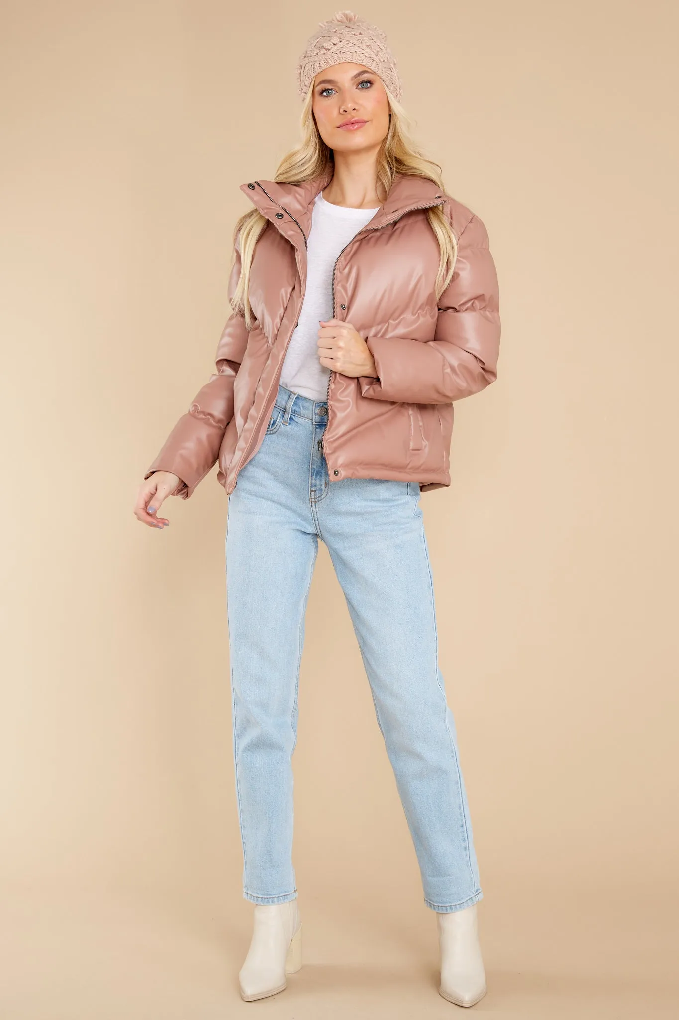 Downtown Rose Taupe Faux Leather Puffer Jacket