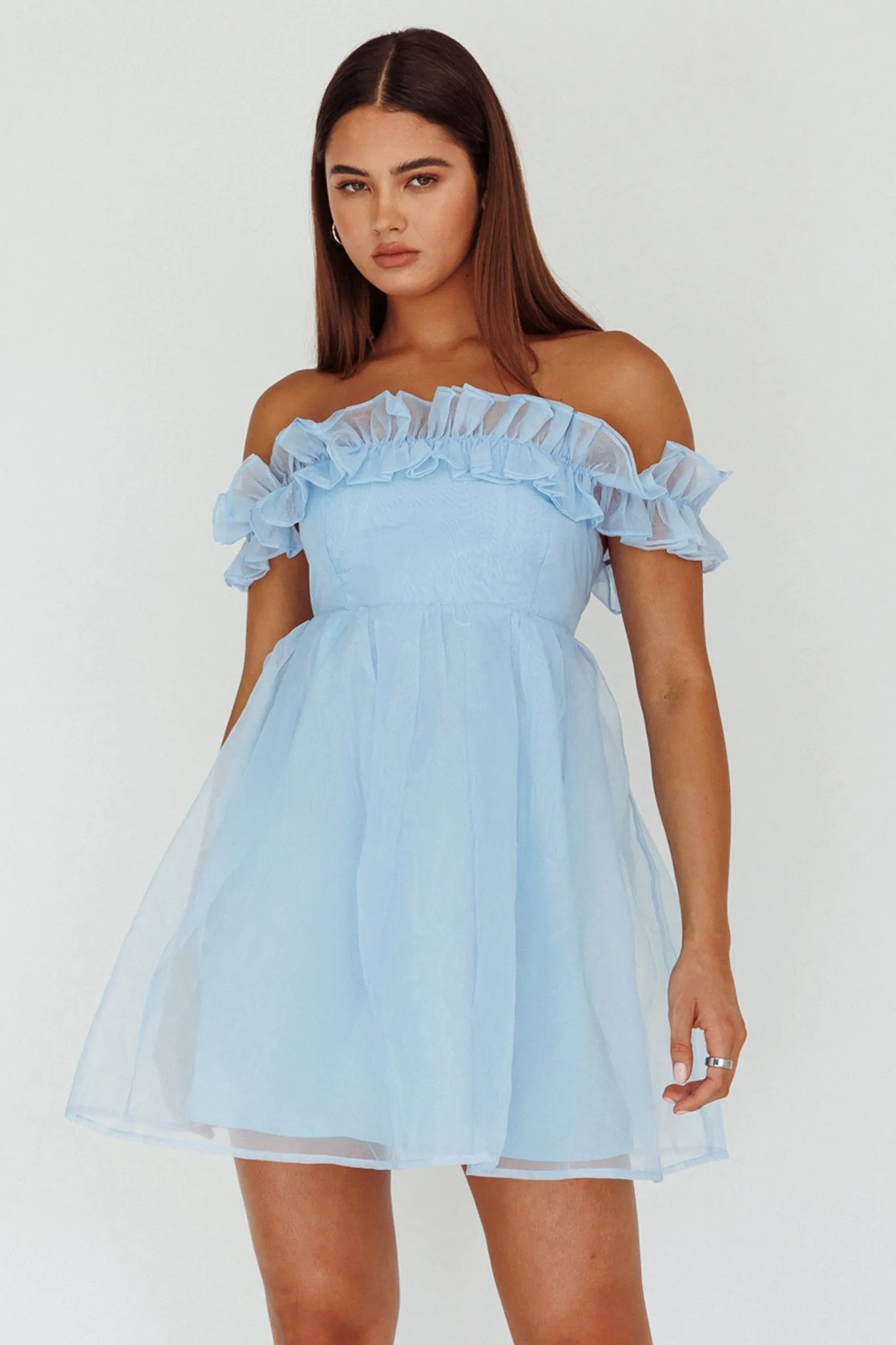 Dreamers Off-Shoulder Frill Mini Dress Light Blue