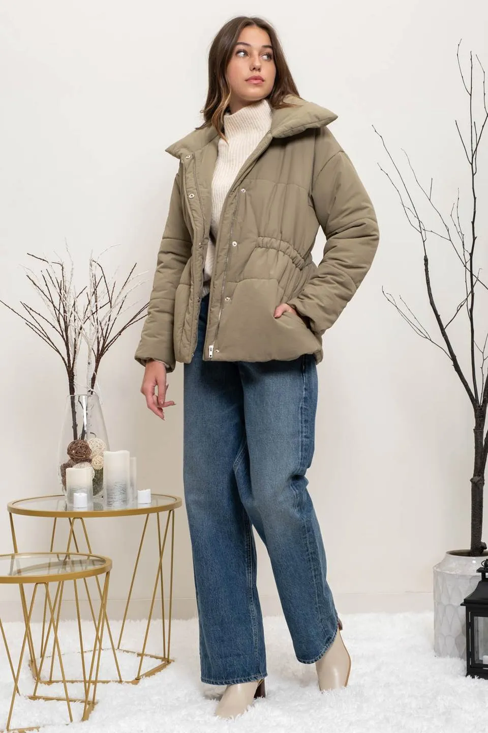 ELASTIC WAIST ZIP UP PUFFER JACKET