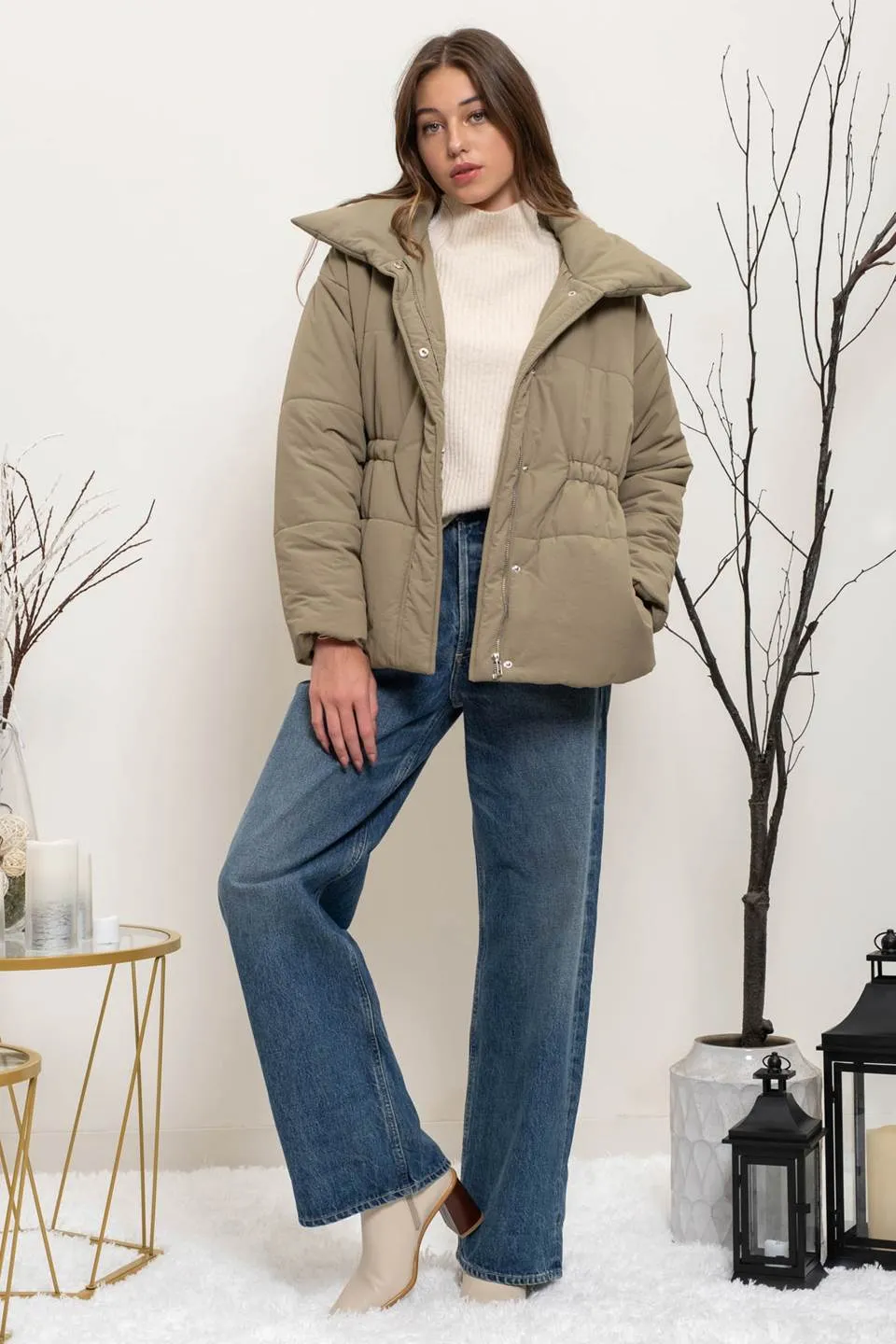 ELASTIC WAIST ZIP UP PUFFER JACKET