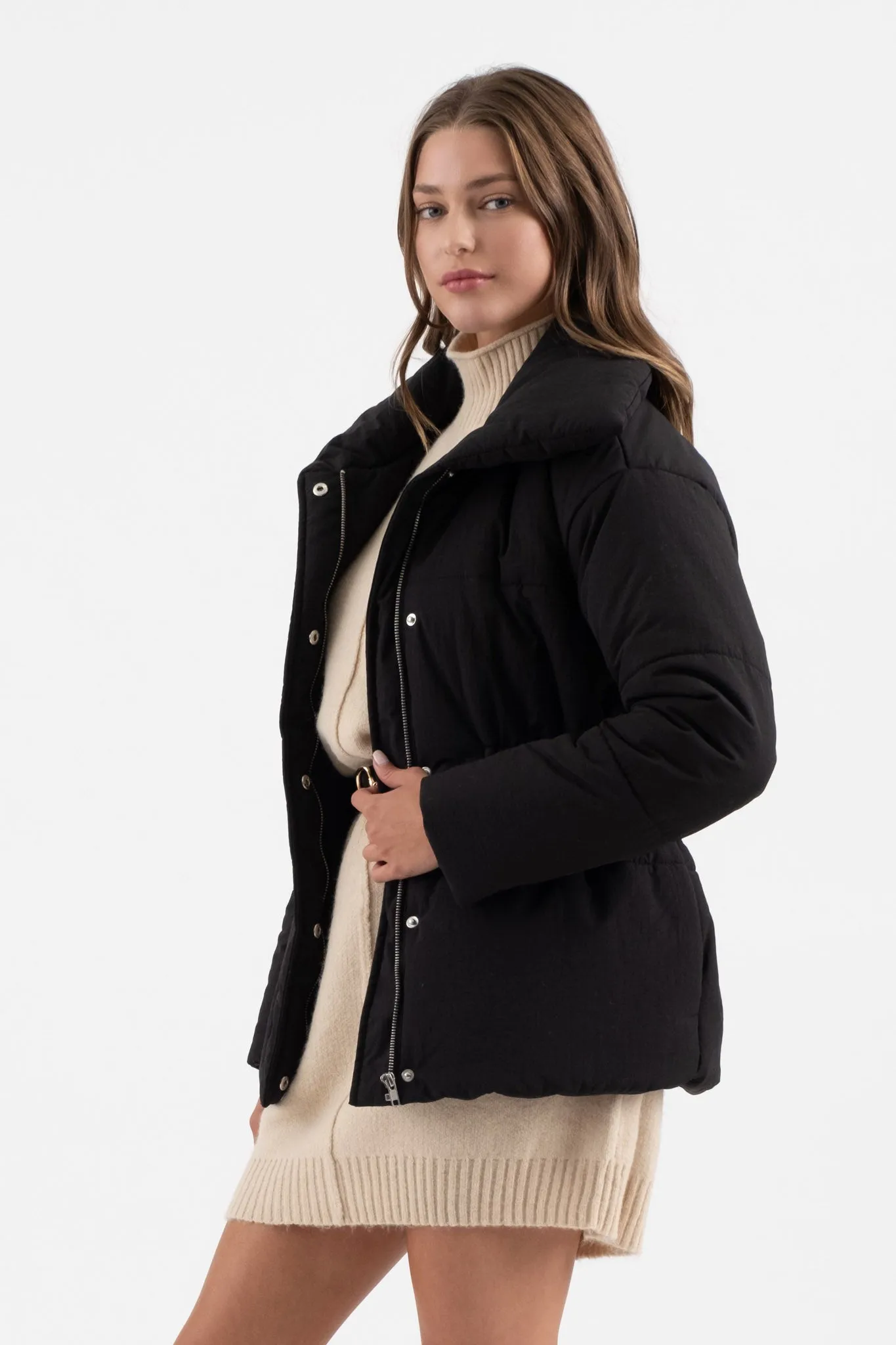 ELASTIC WAIST ZIP UP PUFFER JACKET