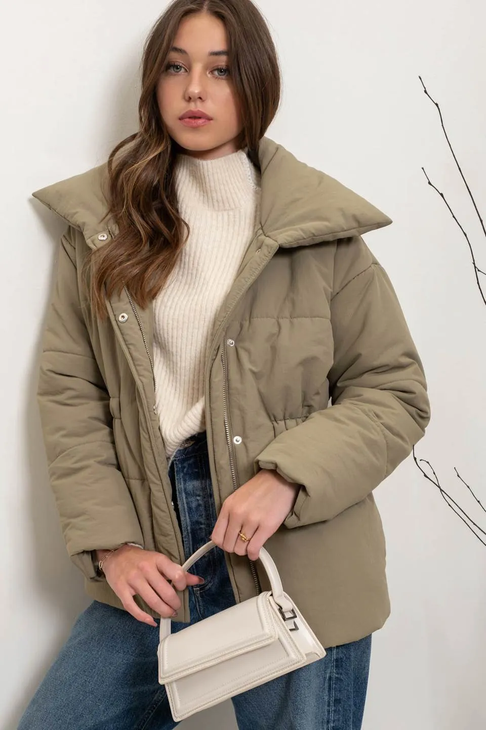 ELASTIC WAIST ZIP UP PUFFER JACKET