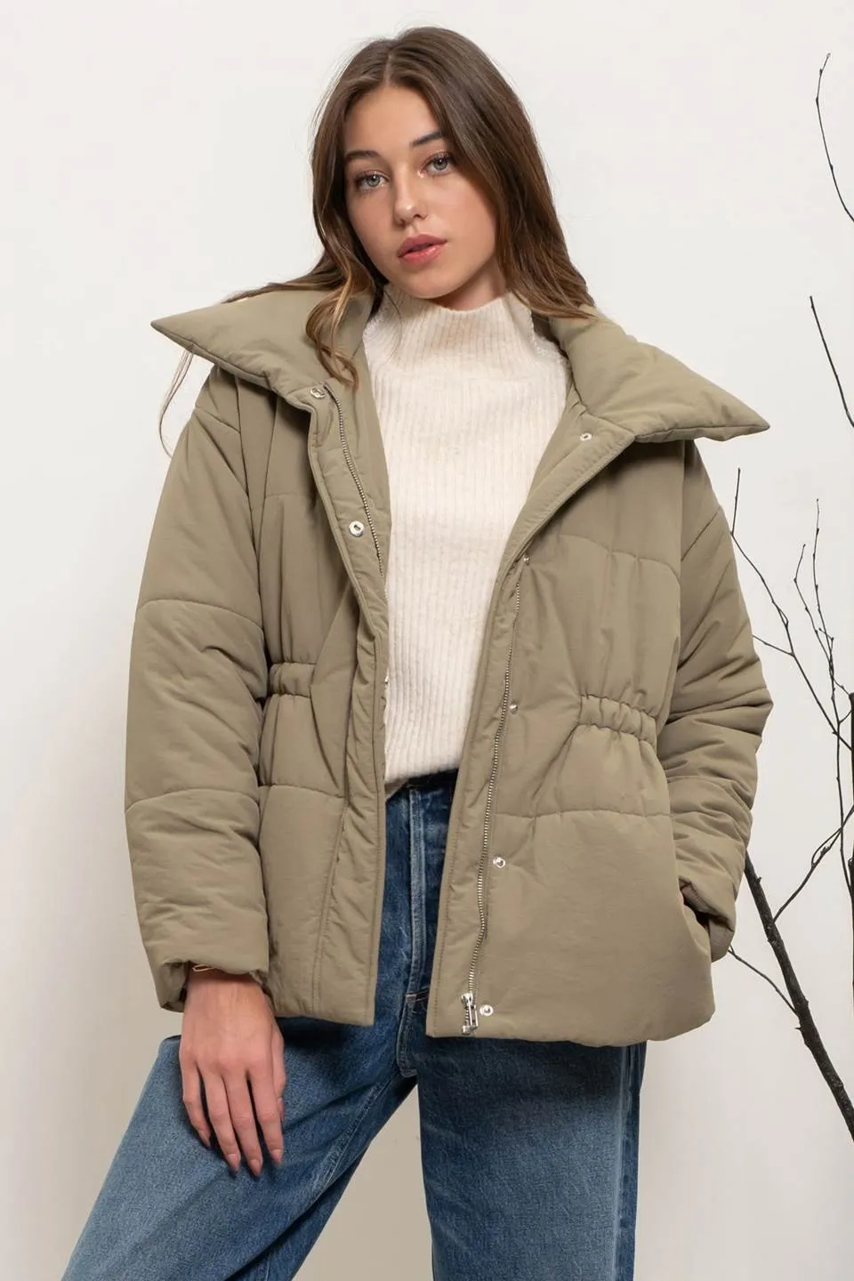 ELASTIC WAIST ZIP UP PUFFER JACKET