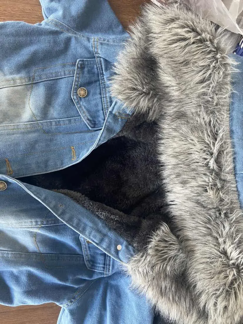 Fluffy Faux Fur Collar Hooded Denim Jacket