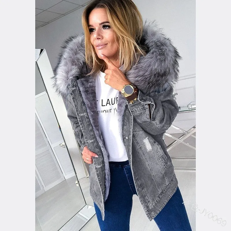 Fluffy Faux Fur Collar Hooded Denim Jacket