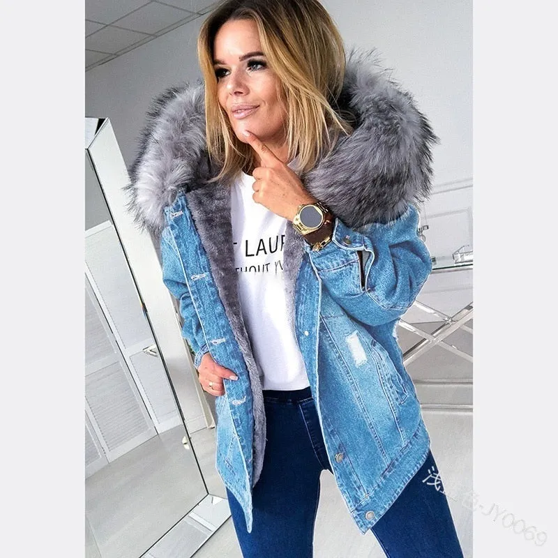 Fluffy Faux Fur Collar Hooded Denim Jacket