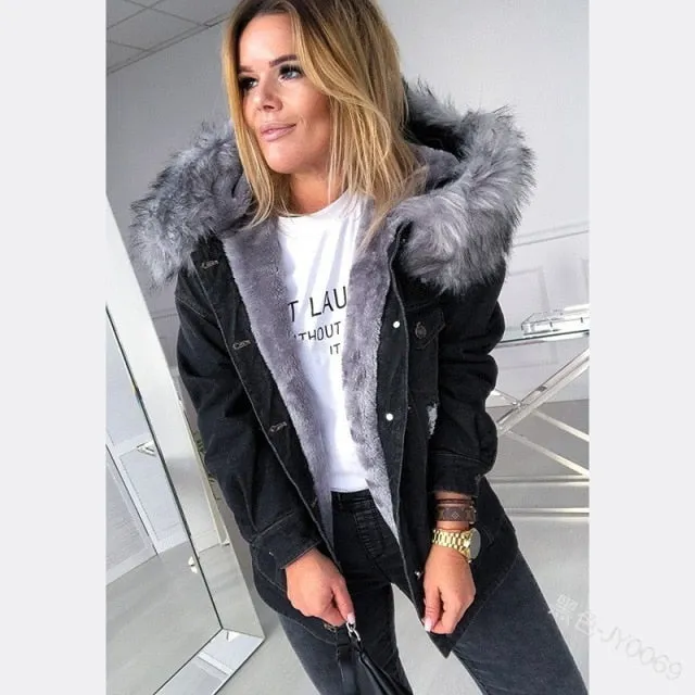 Fluffy Faux Fur Collar Hooded Denim Jacket