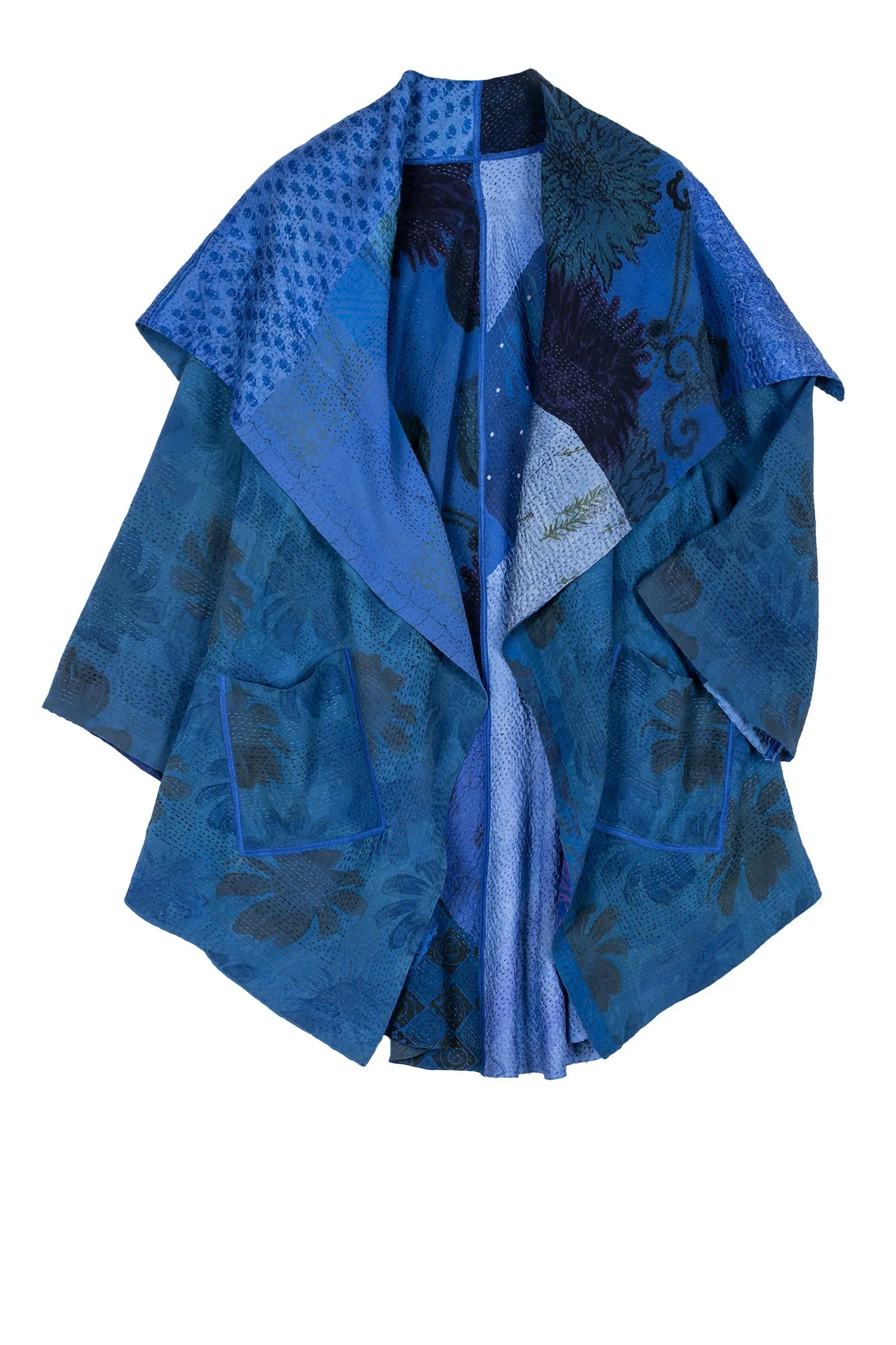 GEORGETTE VINTAGE SILK PATCH KANTHA CIRCULAR LONG JKT - gs2009-blu -