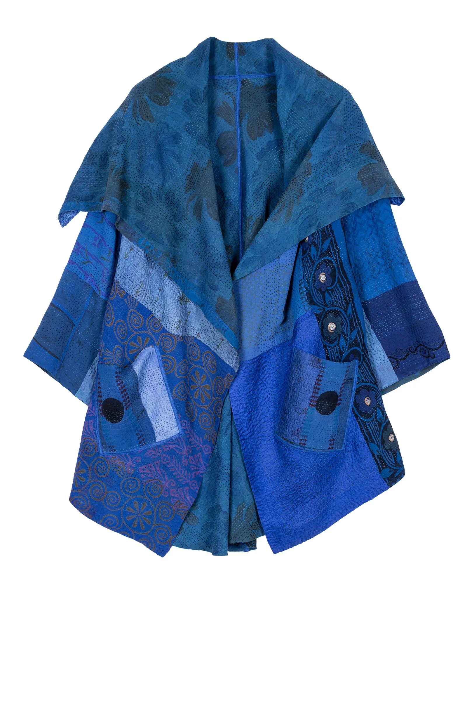 GEORGETTE VINTAGE SILK PATCH KANTHA CIRCULAR LONG JKT - gs2009-blu -