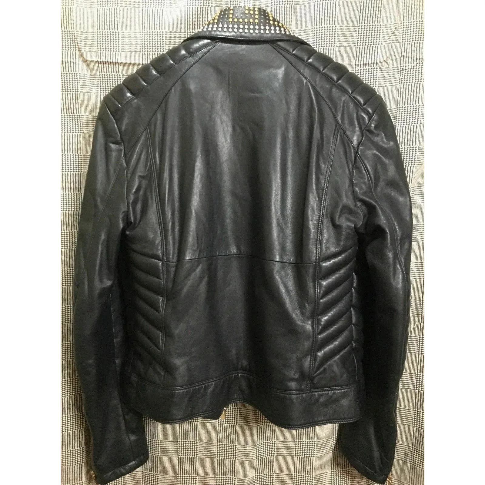 Golden Silver Studded Black Leather Jacket - Versace