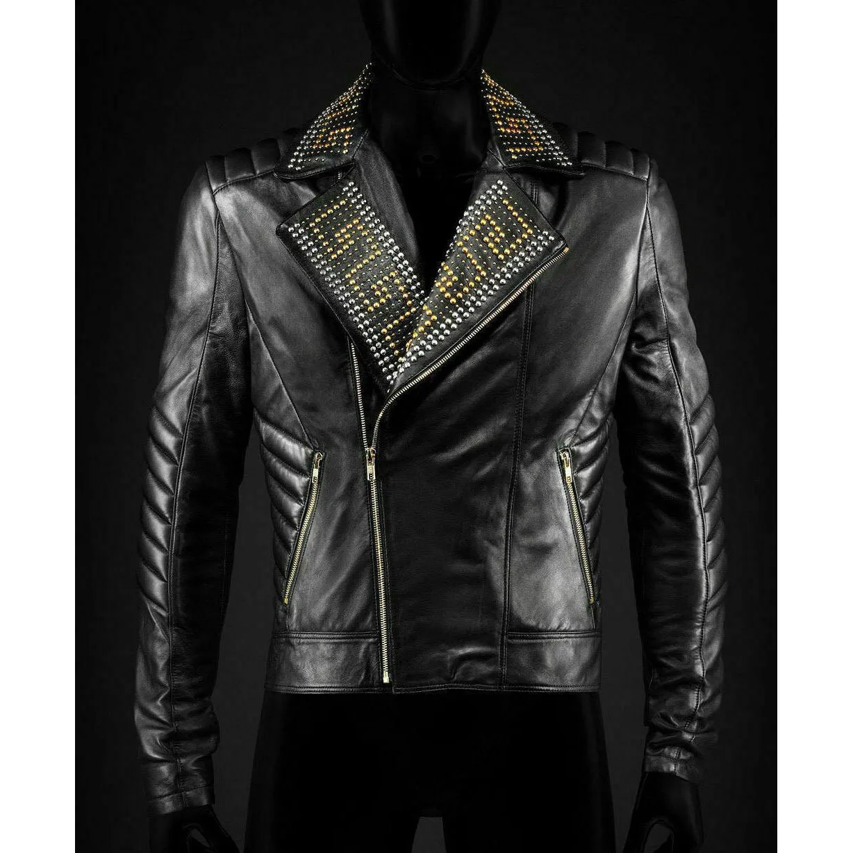 Golden Silver Studded Black Leather Jacket - Versace