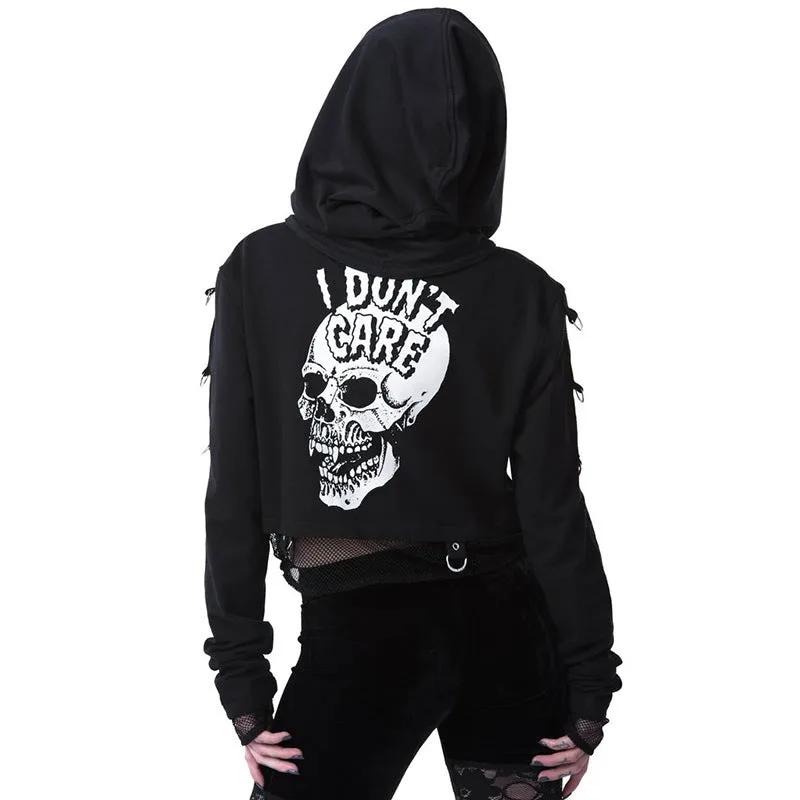 Gothic women motorist hoodie skull print gauze crop top streetwear sweatshirt