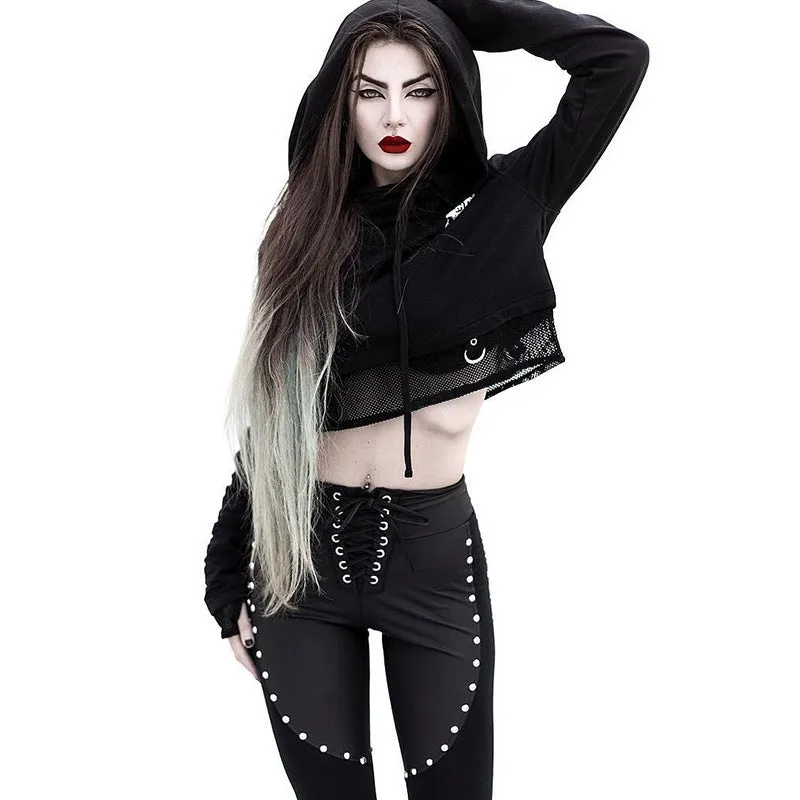 Gothic women motorist hoodie skull print gauze crop top streetwear sweatshirt