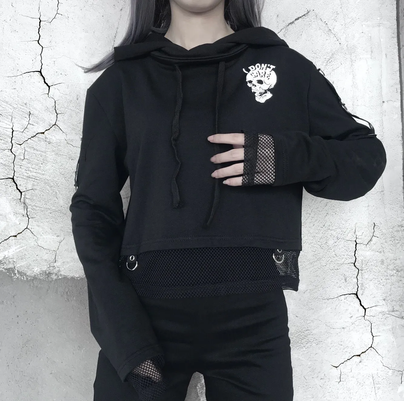 Gothic women motorist hoodie skull print gauze crop top streetwear sweatshirt