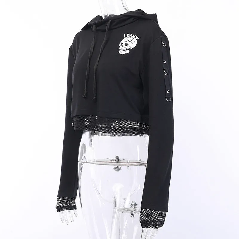 Gothic women motorist hoodie skull print gauze crop top streetwear sweatshirt