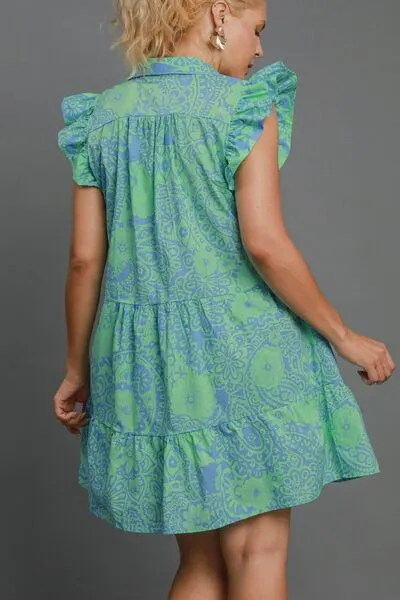 Green Printed Ruffle Cap Sleeve Babydoll Dress