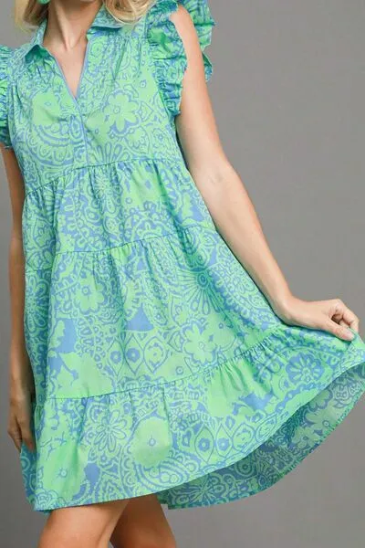 Green Printed Ruffle Cap Sleeve Babydoll Dress