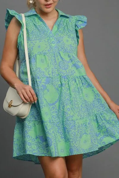 Green Printed Ruffle Cap Sleeve Babydoll Dress