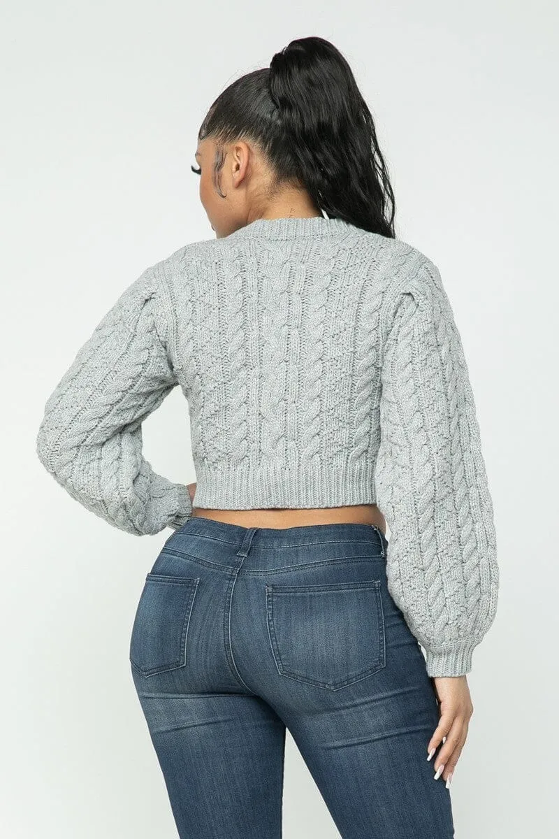 Heather Grey Cropped Long Sleeve Cable Pullover Sweater Top_