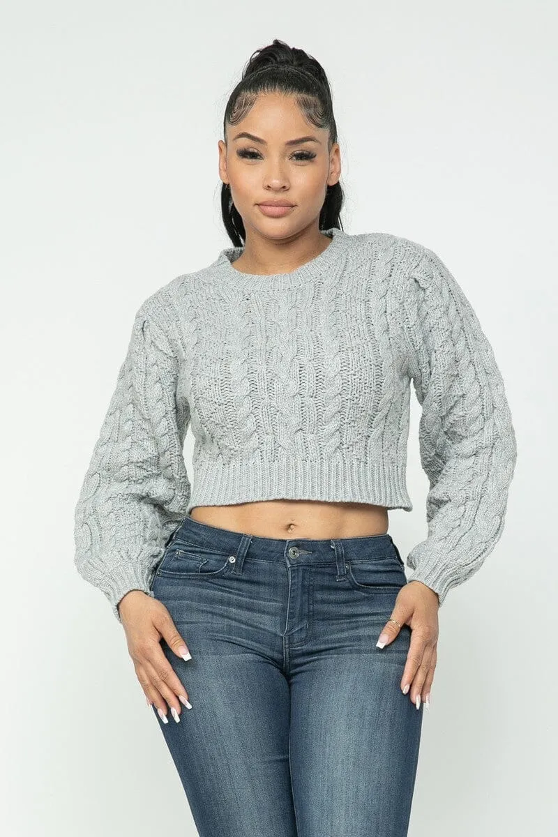 Heather Grey Cropped Long Sleeve Cable Pullover Sweater Top_