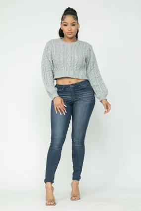 Heather Grey Cropped Long Sleeve Cable Pullover Sweater Top_