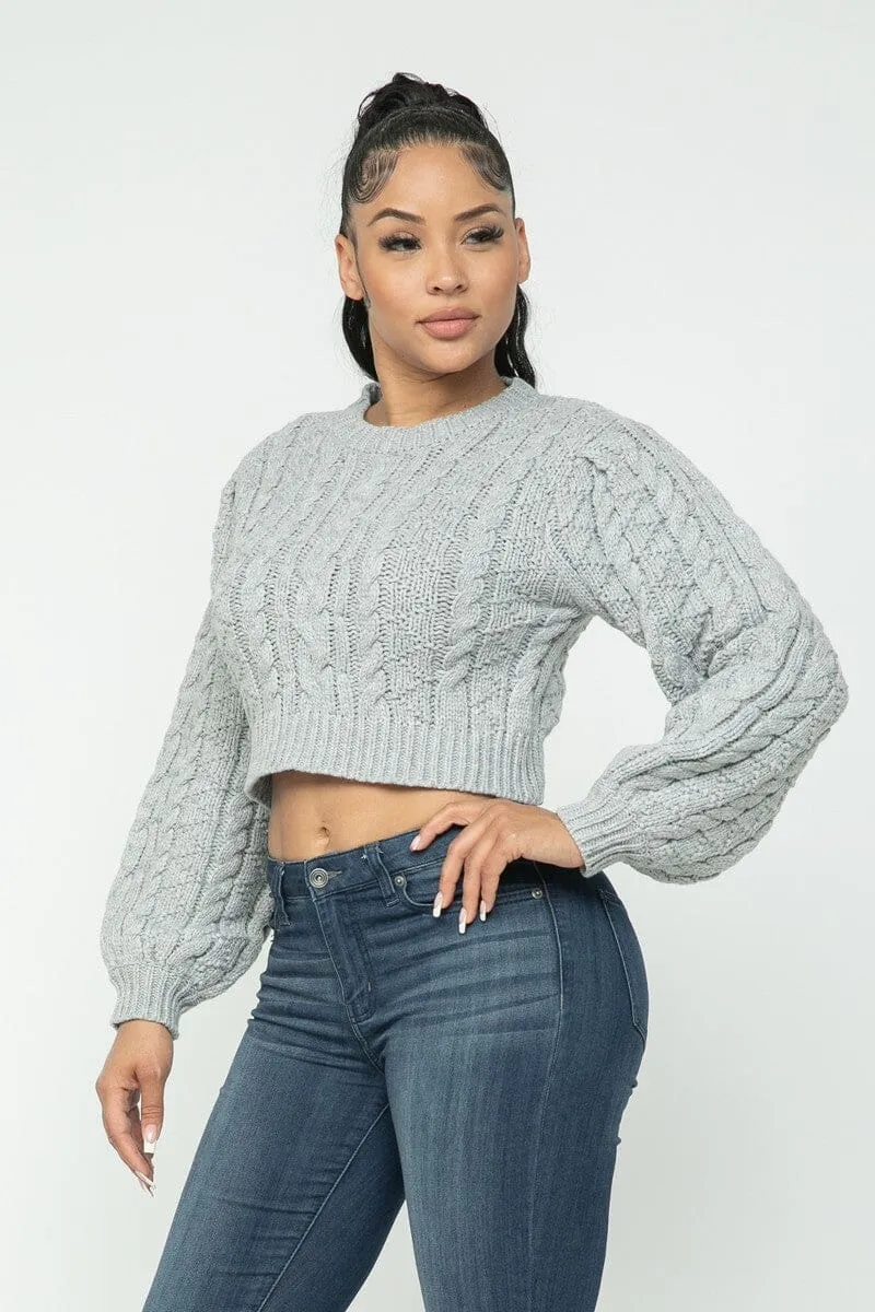 Heather Grey Cropped Long Sleeve Cable Pullover Sweater Top_