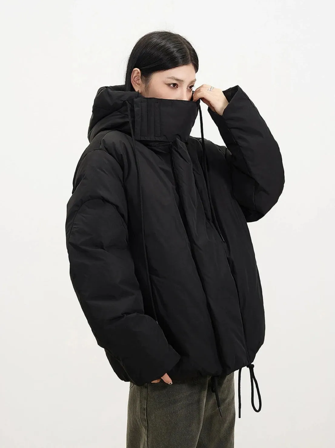 High Collar Hooded Puffer Jacket with Pockets