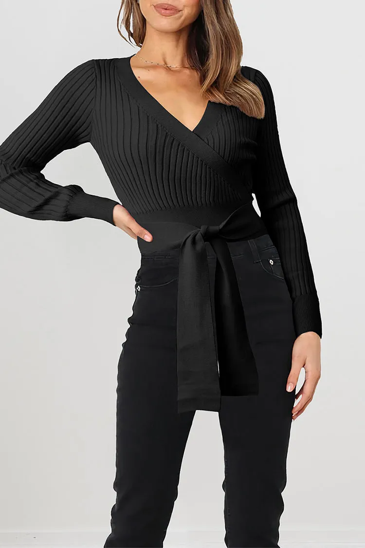 High Waist Tie Front Slim Fit Ribbed Knit Pullover Sweater