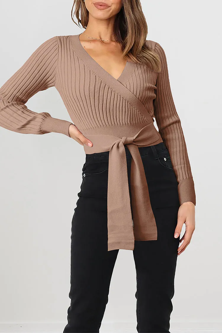 High Waist Tie Front Slim Fit Ribbed Knit Pullover Sweater