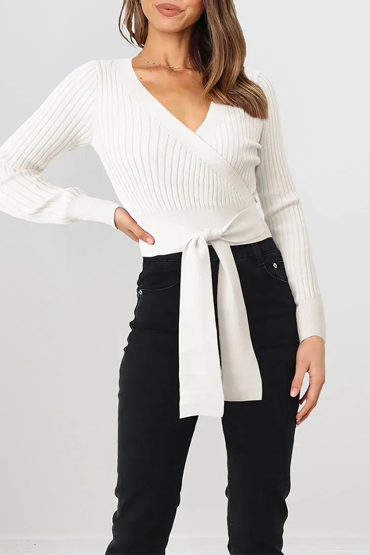 High Waist Tie Front Slim Fit Ribbed Knit Pullover Sweater