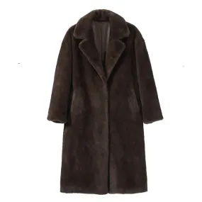 Iconic Women's Long Winter Faux Mink Fur Overcoat with Collar Jacket