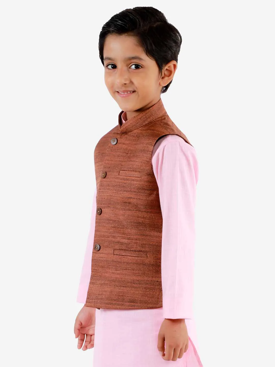 Jashvi Boys Coffee Brown Matka Silk Blend Nehru Jacket