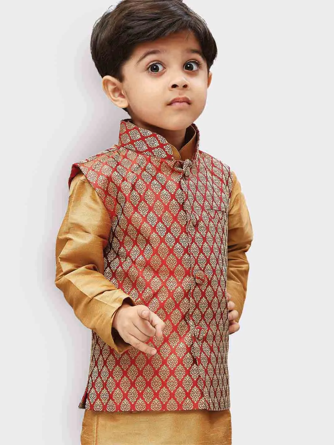 Jashvi Boys' Maroon Silk Blend Nehru Jackets