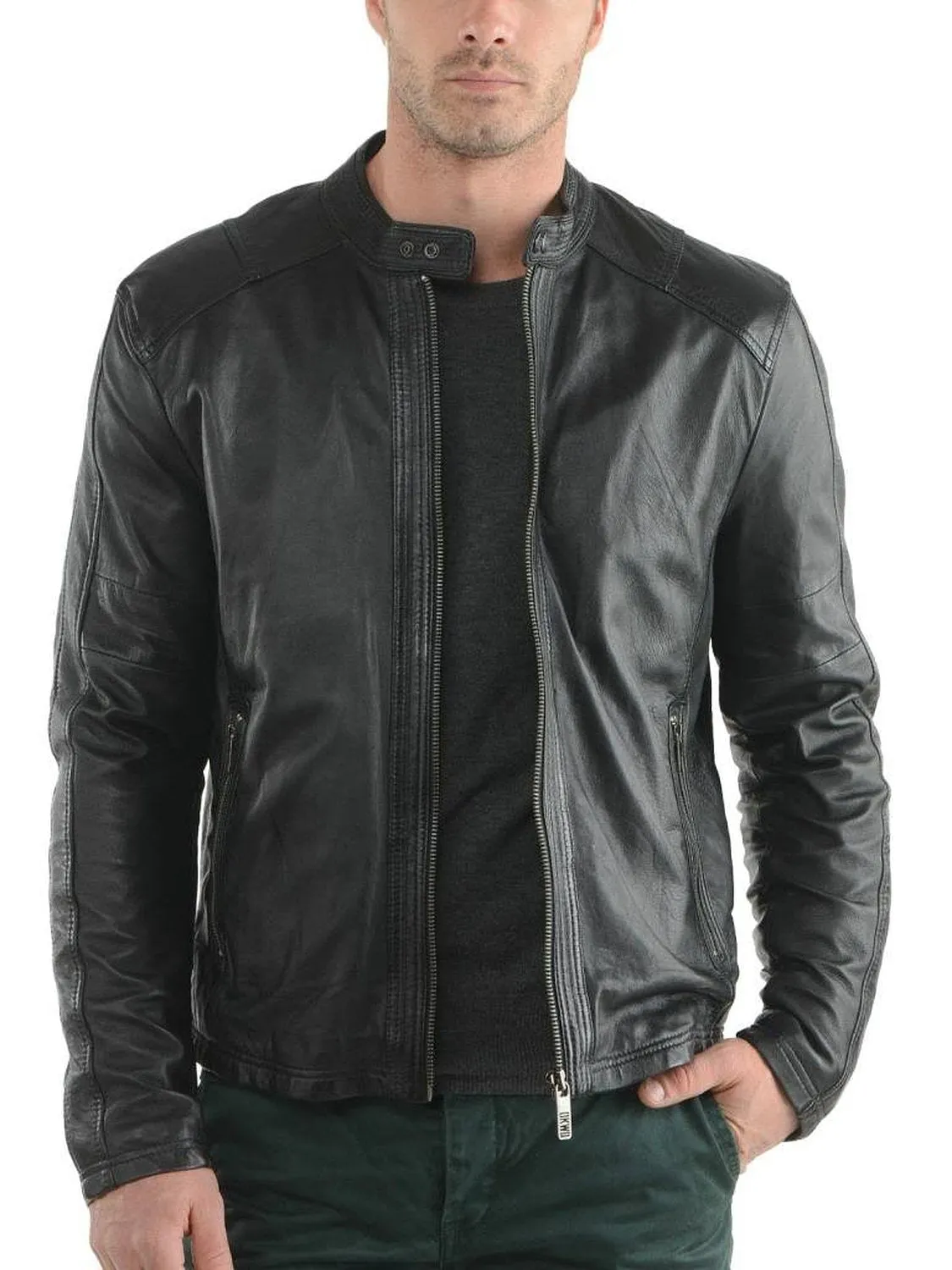 Leather Jackets Hub Mens Genuine Cowhide Leather Jacket (Black, Racer Jacket) - 1501606