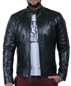 Leather Jackets Hub Mens Genuine Cowhide Leather Jacket (Black, Racer Jacket) - 1501606