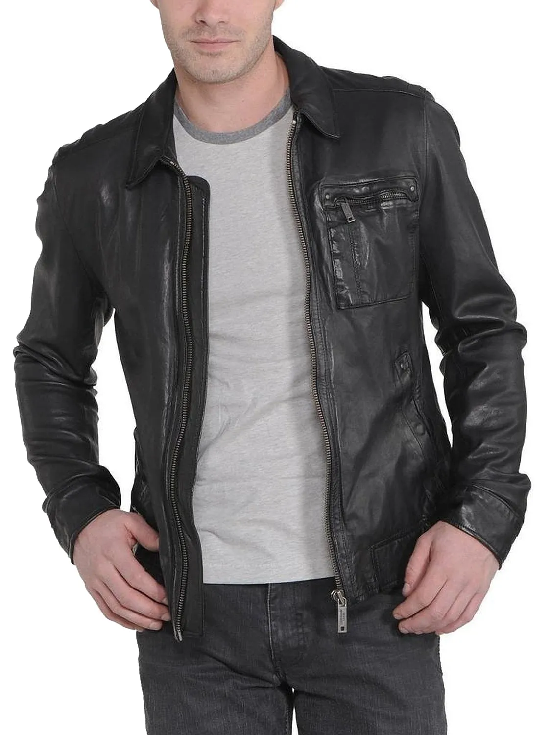 Leather Jackets Hub Mens Genuine Lambskin Leather Jacket (Black, Aviator Jacket) - 1501221