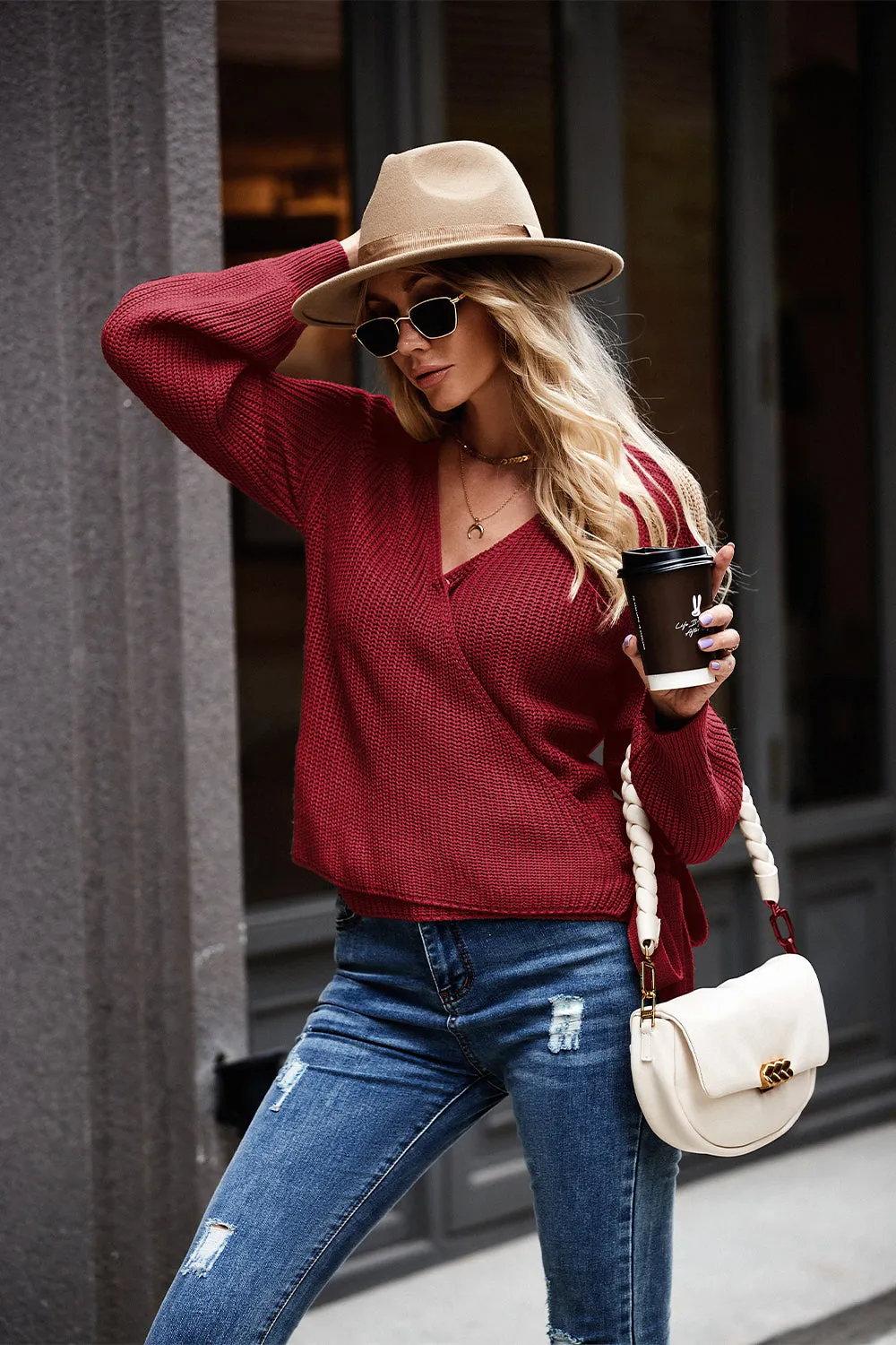 Long Lantern Sleeve Side Tie Soft Ribbed Knit Wrap Sweater