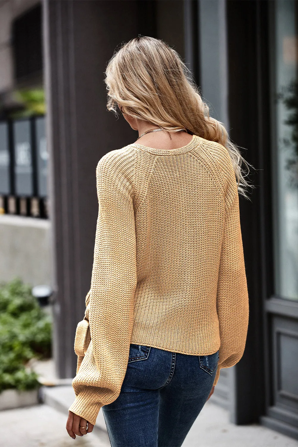 Long Lantern Sleeve Side Tie Soft Ribbed Knit Wrap Sweater