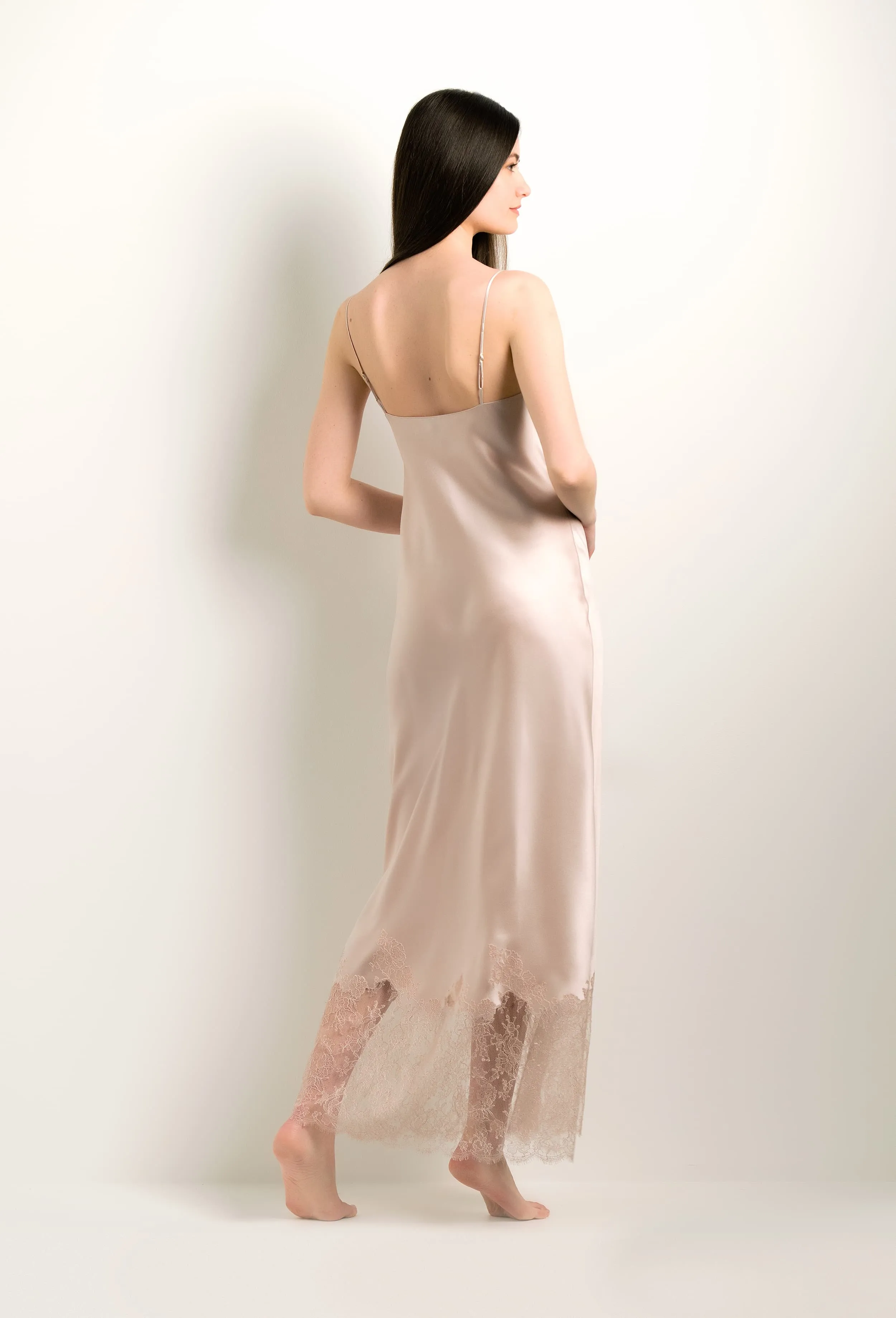 Long silk slip dress - Dove grey and Rosa Caudry lace