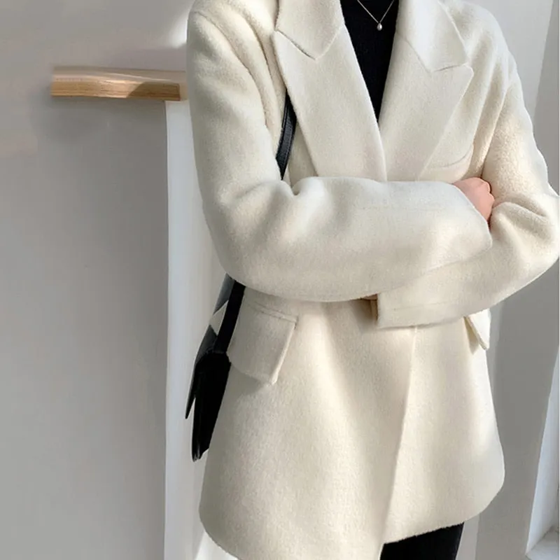 Loose Fit White Woolen Coat Parkas New Long Sleeve