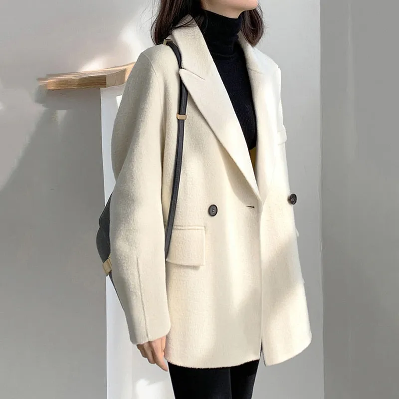 Loose Fit White Woolen Coat Parkas New Long Sleeve