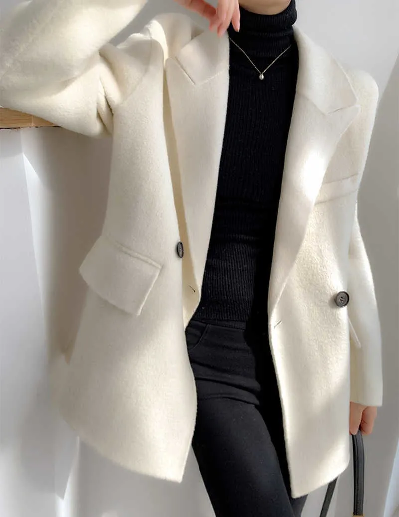 Loose Fit White Woolen Coat Parkas New Long Sleeve