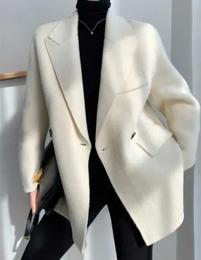 Loose Fit White Woolen Coat Parkas New Long Sleeve