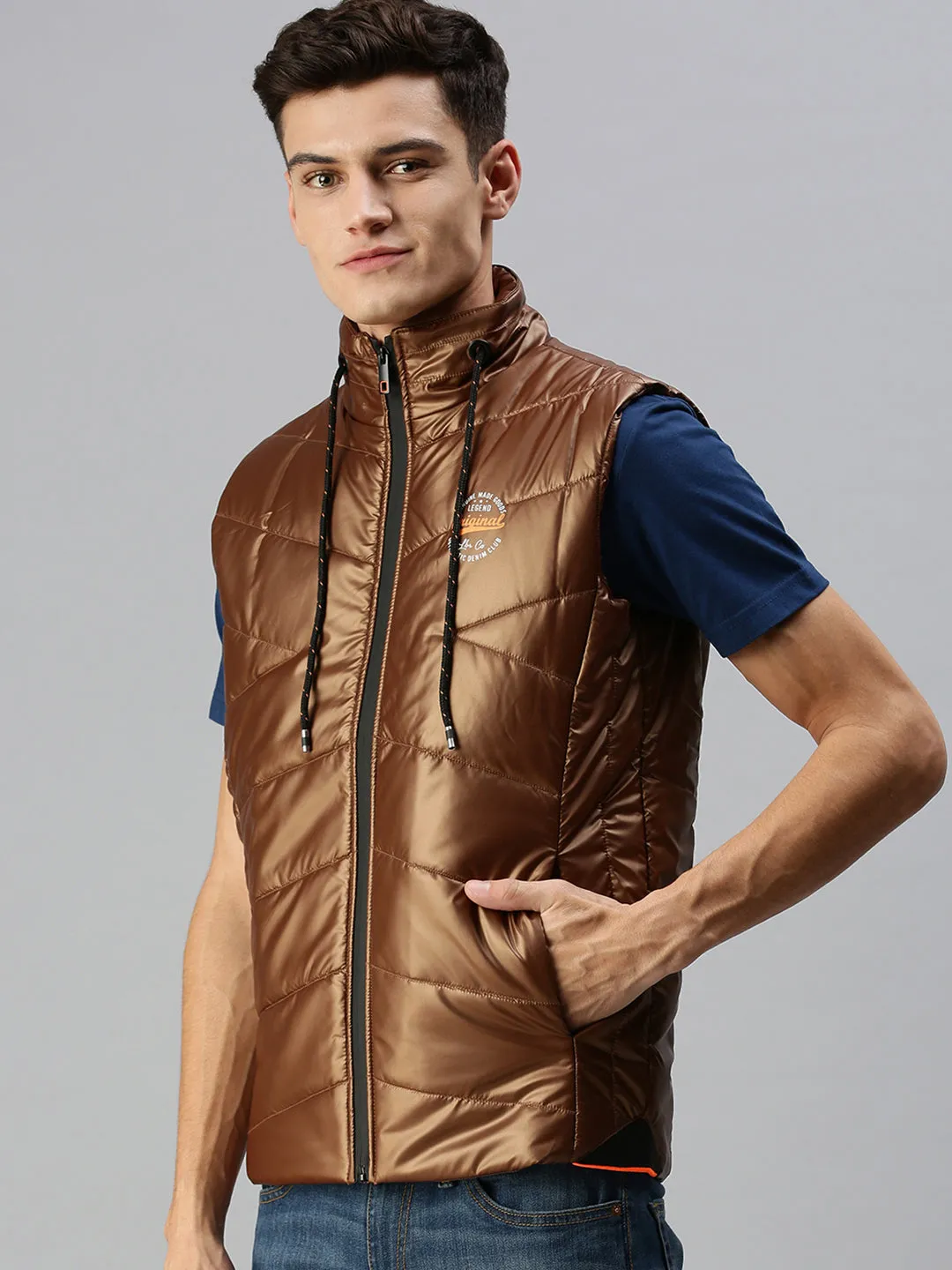 Men Solid Brown Padded Jacket