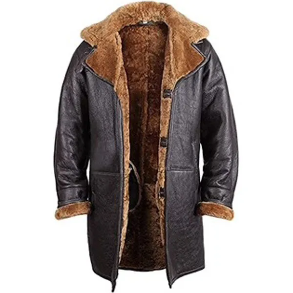 Men's Black Shearling Sheepskin Leather Duffle Trench Coat