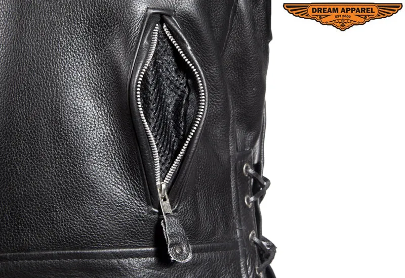 Mens Classic Police Style Motorcycle Jacket With Side Laces, Conceal Carry Gun Pockets Zipout Lining